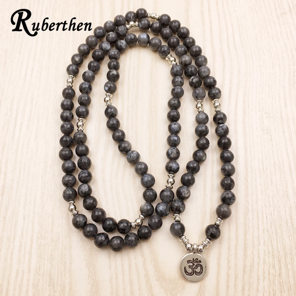 Ruberthen New Design Labradorite Wrap Bracelet Trendy Handmade Women`s 108 Mala Yoga Bracelet or Necklace Ohm Charm Bracelet