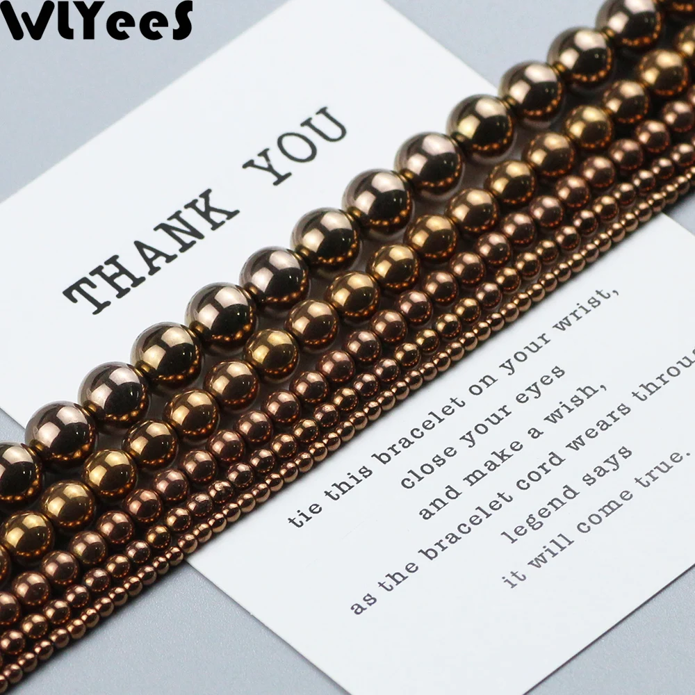 WLYeeS Copper Color Beads Round Plating Hematite Natural Stone 2 3 4 8 10mm Loose Beads Jewelry Bracelet Making Accessories DIY