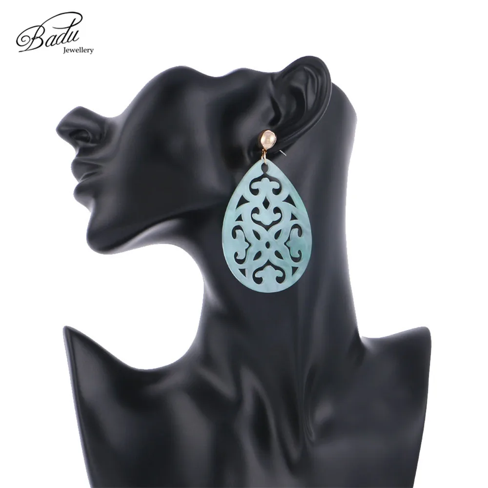 Badu Oval Acrylic Earrings for Women Bohemian Green Carved Acetic Acid Pendant Dangle Drop Earrings Party Jewelry