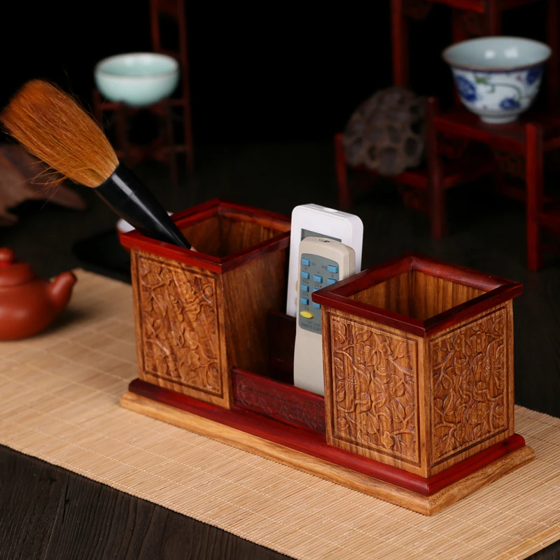 Rosewood handicraft desk hair pen box wood carved wooden shelf remote acid branch