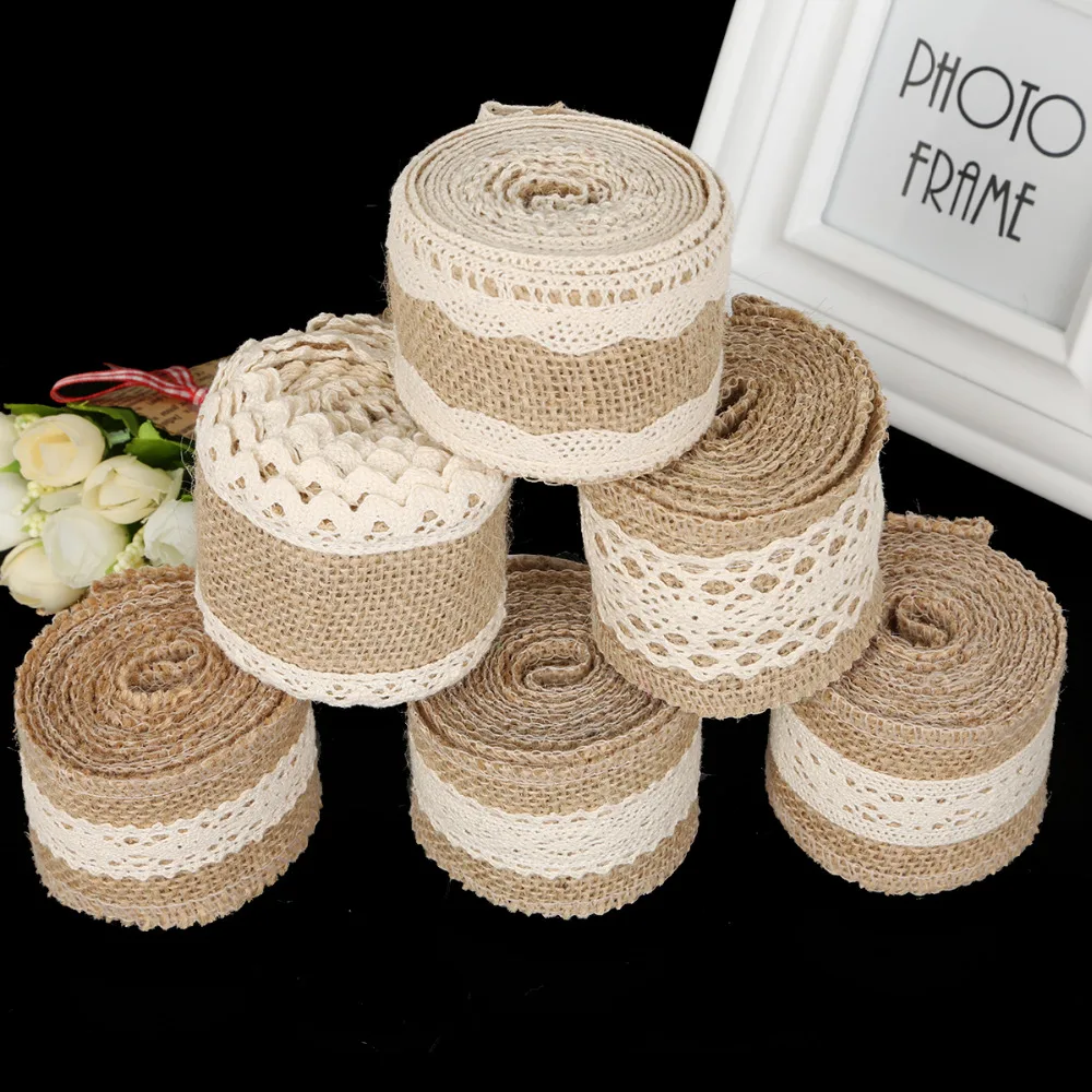 2M/lot Width 5cm/6cm Ivory Color Natural Jute Rolls Burlap Hessian Ribbons with Cotton Lace For DIY Ornament Burlap Wedding view 5