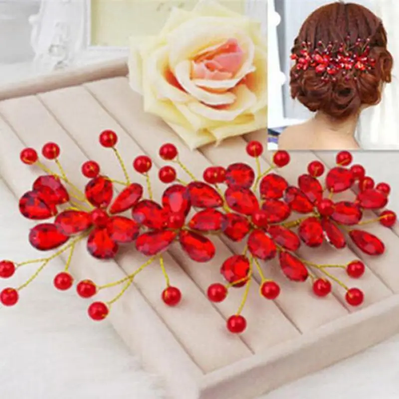 Women\'s Red Flower Wedding Bridal Party Accessary Handmade Hair Pin Clip Jewelry Luxury hair accessories red Hairpin