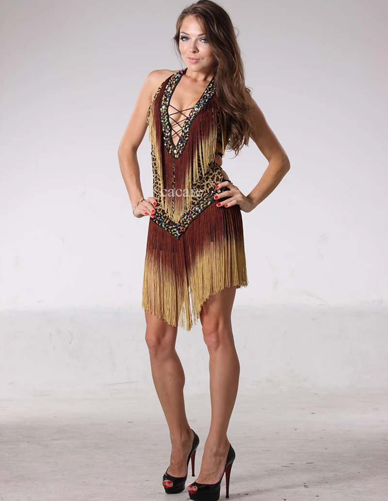 Sexy Latin Dance Dress Women Samba Salsa Tango Dance Dress Flapper 0046 with Sequins Beads Tassels Backless - CACARE