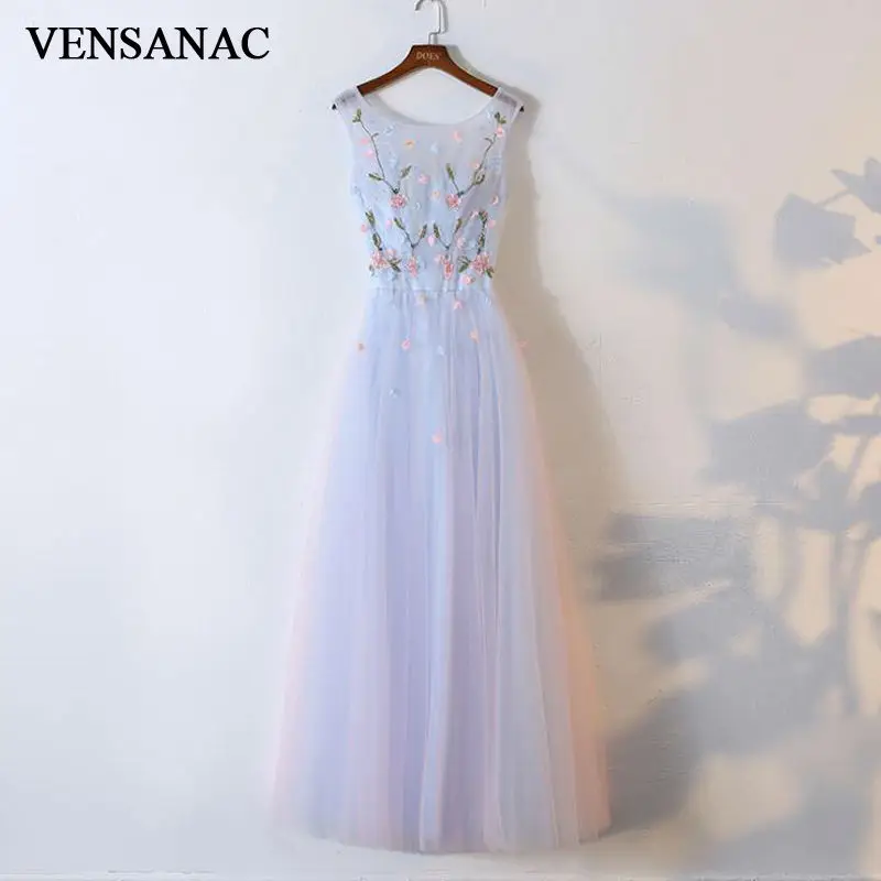 

VENSANAC Beading Flowers O Neck Long Evening Dresses Sleeveless Elegant Lace Crystal Party Prom Ball Gowns