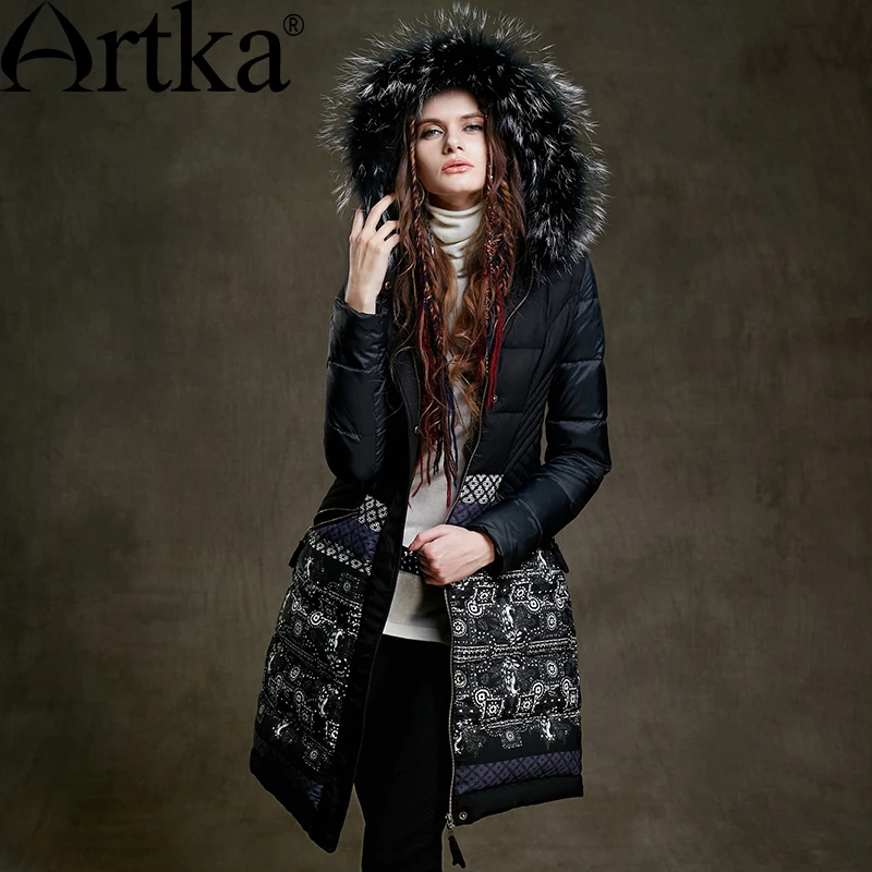 ARTKA Fur Parka Women\'s Winter Jacket With Hood 2018 Black Long Parka Print Ladies Overcoat Luxury Duck Coat For Women ZK15255D