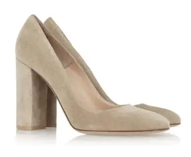 New Hot 2017 Round Toe Slip-on Shoes Thick High Heels Dress Shoes Woman Suede Leather Chunky Heels Women Pumps Drop Shipping