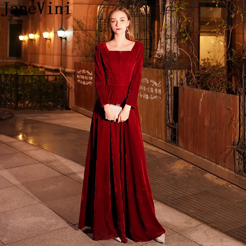 

JaneVini Arabic Burgundy Dresses Long Sleeve Velvet Ladies Elegant Prom Dress Women Zipper Back Wedding Party Dress Dinner 2019