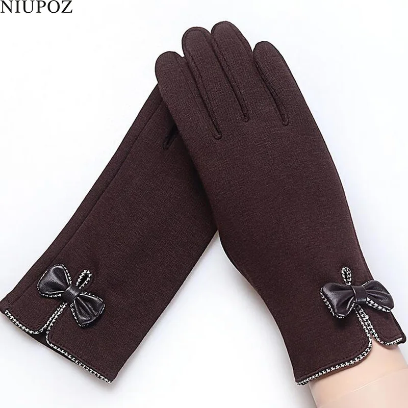 High Quality Fashion Elegant Women Touch Screen Glove Winter Female Lace Warm Cashmere Bow Full Finger Mittens Wrist Guantes 16E