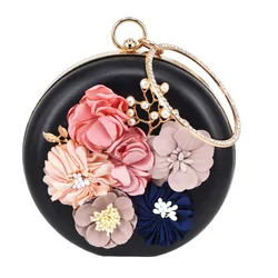 Circular pu Flower Women Clutch Evening Bag Lovely Black Wristlets Floral party Bag Wedding Bag pochette Female Handbag x55