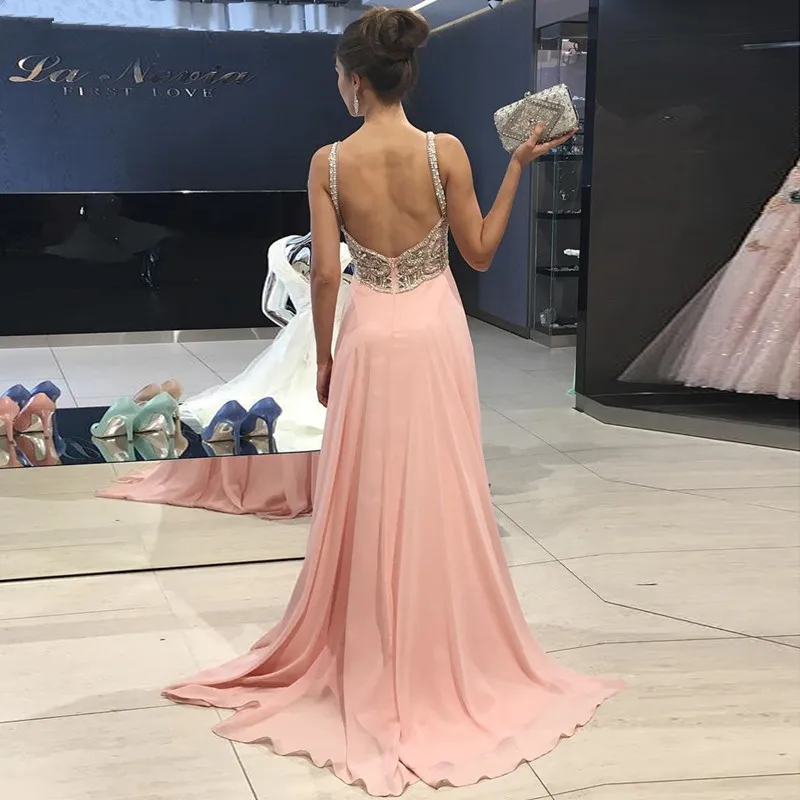 Roze Moslim Avondjurken A-lijn Chiffon Kralen Kristallen Backless Islamitische Dubai Saudi Arabische Lange Formele Avondjurk