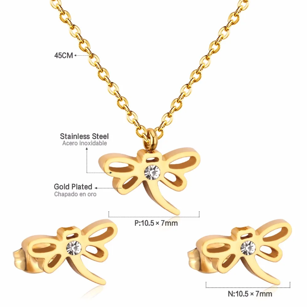 LUXUKISSKIDS New Dubai Wedding Jewelry Set Stainless Steel Gold/Steel Color Cubic Crystal Necklace/Earring Accessoires Femme