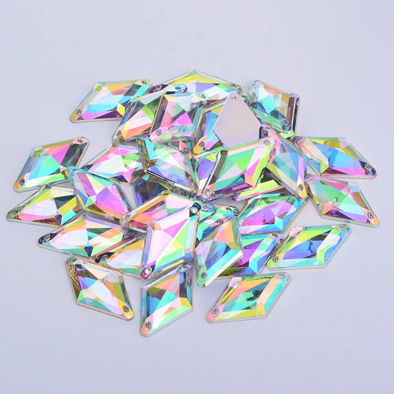 JUNAO 11x18mm 18x30mm AB Crystal Rhombus Rhinestone Applique Sew On Acrylic Stones Flatback Strass Sewing Diamond for Needlework