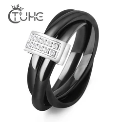 Three In One Ceramic Rings Stainless Steel Black White Three Alliances Ceramic Ring With Rhinestone Wedding Cross Ring For Women