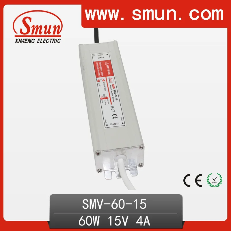 60W 15V 4A Waterproof IP67 LED Driver Switching Power Supply for Led Strip Light with CE ROHS 1 Year Warranty SMV-60-15