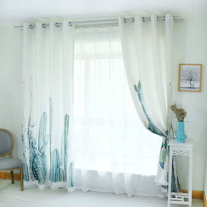 Blackout Flower Curtain Tropical Cacti Green Plants Pattern Custom Thickened Curtains for Living Room Accept your size