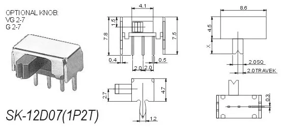 100Pcs AC 250V 3A 2 Position 3Pins SPDT Mini PCB Mount Right Angle Slide Switch SK-12D07 1P2T