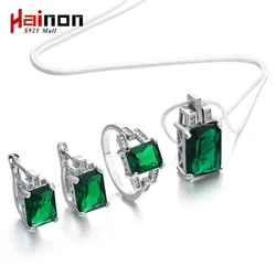 Hainon Stylish Jewelry Set for Women Engagement Green Zircon Silver Color Earring Rings The Best Choice for Wedding Party Gift