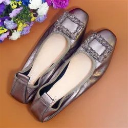 Di lusso di Marca Coreano Rhineston Scarpe Delle Donne Della Signora Piatto Mocassini Scarpe Vintage Genuino Slip In Pelle Su Morbido Ballerina Scarpe Per Le Donne