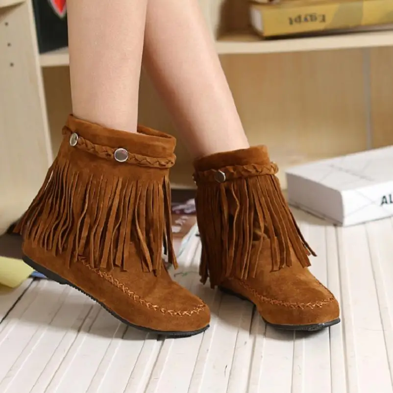 AIYKAZYSDL Bohemian gypsy boho ethnic national women tassel fringe Faux suede leather ankle boots woman girl flat shoes booties