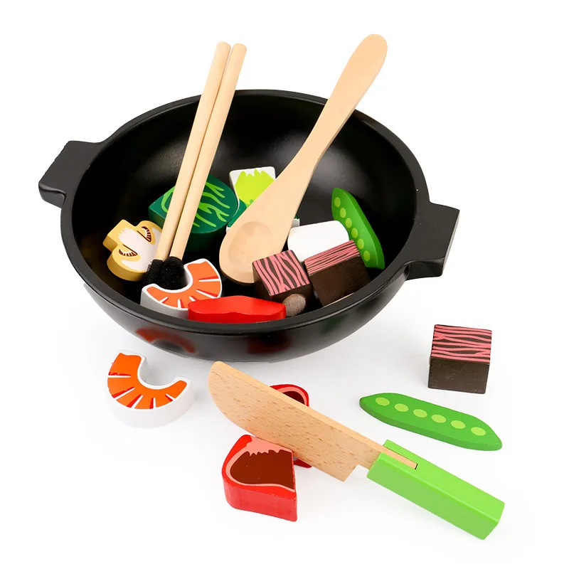 Wooden children's kitchen simulation small model simulation vegetables large casserole cut vegetables children's educational toy