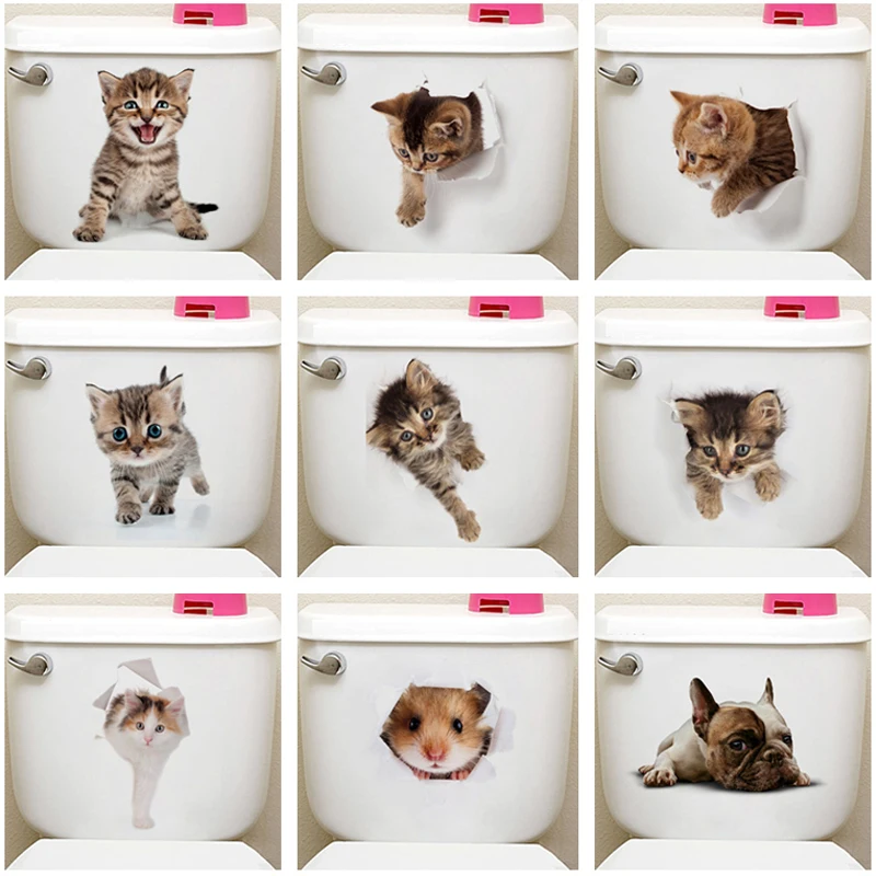 Lovely Kitten Toilet Stickers Wall Decals 3d Hole Cat Animals Mural Art Home Decor Refrigerator Posters