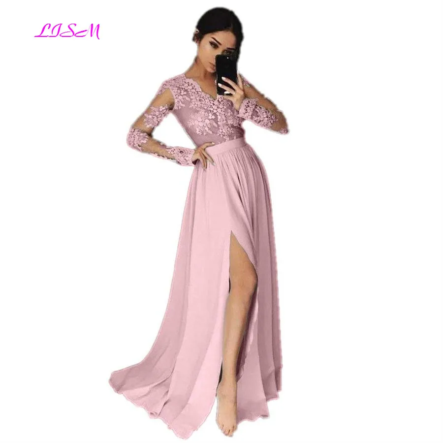 

Lace Appliques High Split Chiffon Prom Dresses A Line Empire Long Evening Dresses Long Sleeves Sweep Train Party Gowns gala jurk