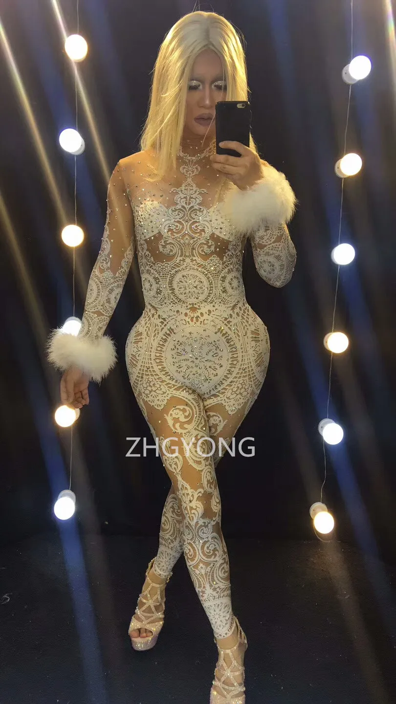 Party Nightclub Women Singer Host Stage Outfit White Lace Printed Feathers Elastic Jumpsuit Leading Dancer Performance Costume