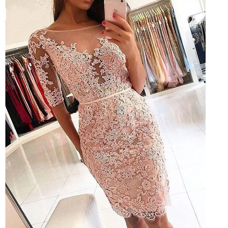 New arrival prom party dresses vestido de noiva sereia gown robe de soiree evening half sleeves short beads lace short frock