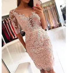 New arrival prom party dresses vestido de noiva sereia gown robe de soiree evening half sleeves short beads lace short frock