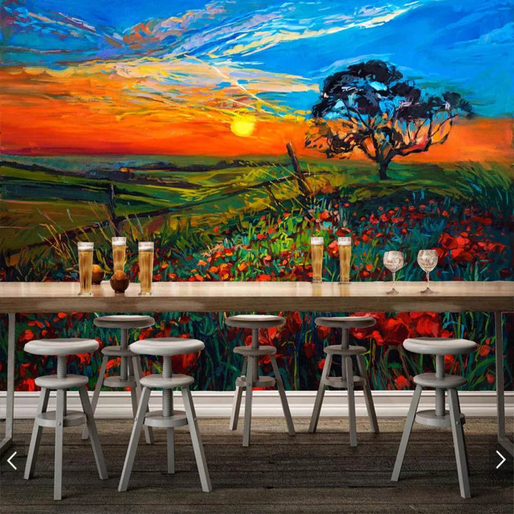 

Flower field in the sunset oil painting 3d wallpaper mural papel de parede,living room TV wall bedroom wall papers home decor