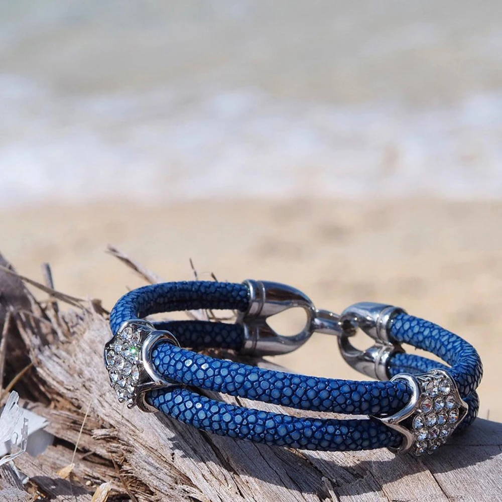 

Premium Custom Blue Stingray HD Double Strap Bracelets Original Thailand Leather Bracelet Fit Brand Watch Jewelry