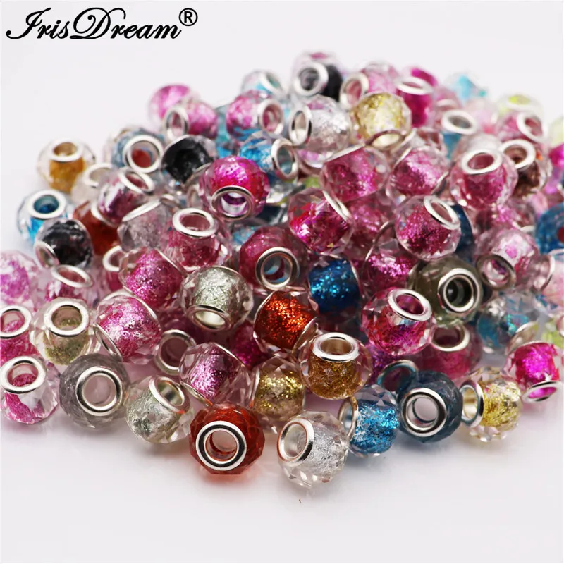 50Pcs/Lot Mixed Cut Faceted Powder Glitter Round Glass Resin Murano Beads Charms Fit DIY Pandora Bracelet For DIY Jewelry Making