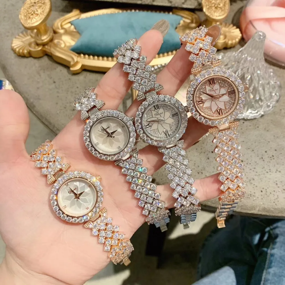 

Elegant Fashion Women Full Crystals Jewelry Watches Luxury Rhinestone Bracelet Watch Waterproof Quartz Roman Wrist watch Lotus