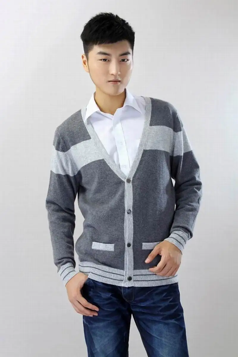 100%Cashmere Sweater Men Cardigan V-neck Gray Striped Fashion Style High Quality Natural fabric Free shipping Stock Clearance