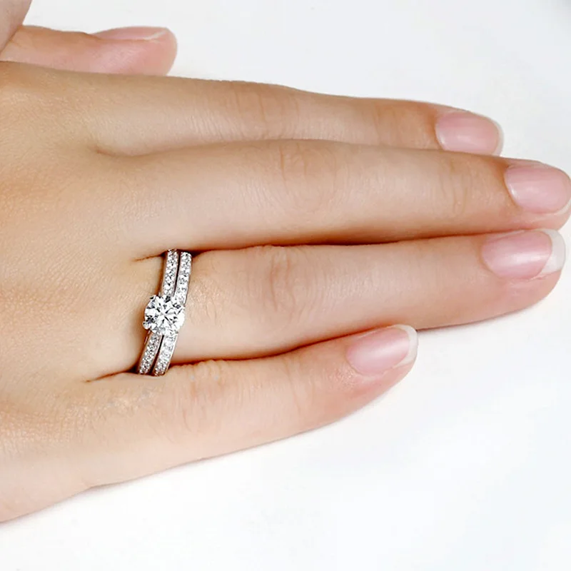 Simple Silver หรูหรา2ชิ้น Bijoux Wedding แหวน Cubic Zirconia เครื่องประดับสำหรับผู้หญิง Party เป็นของขวัญ