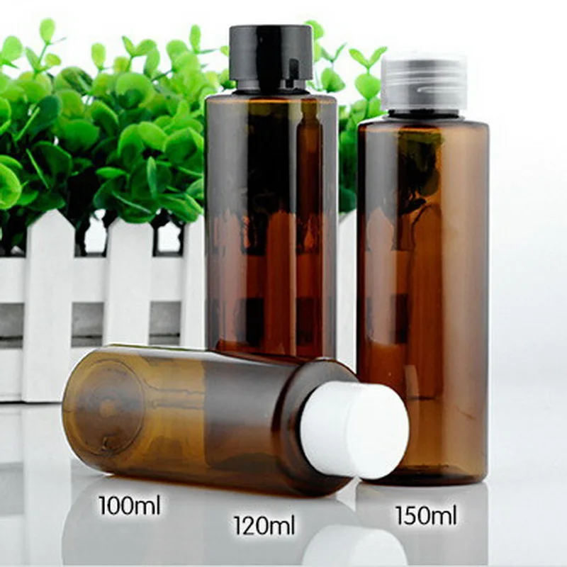 Bouteille vide en PET ambre de 100ml, 120ml, 150ml, 50 pièces/lot, bouteille en plastique marron à épaule plate avec couvercle transparent noir et blanc et bouchon intérieur