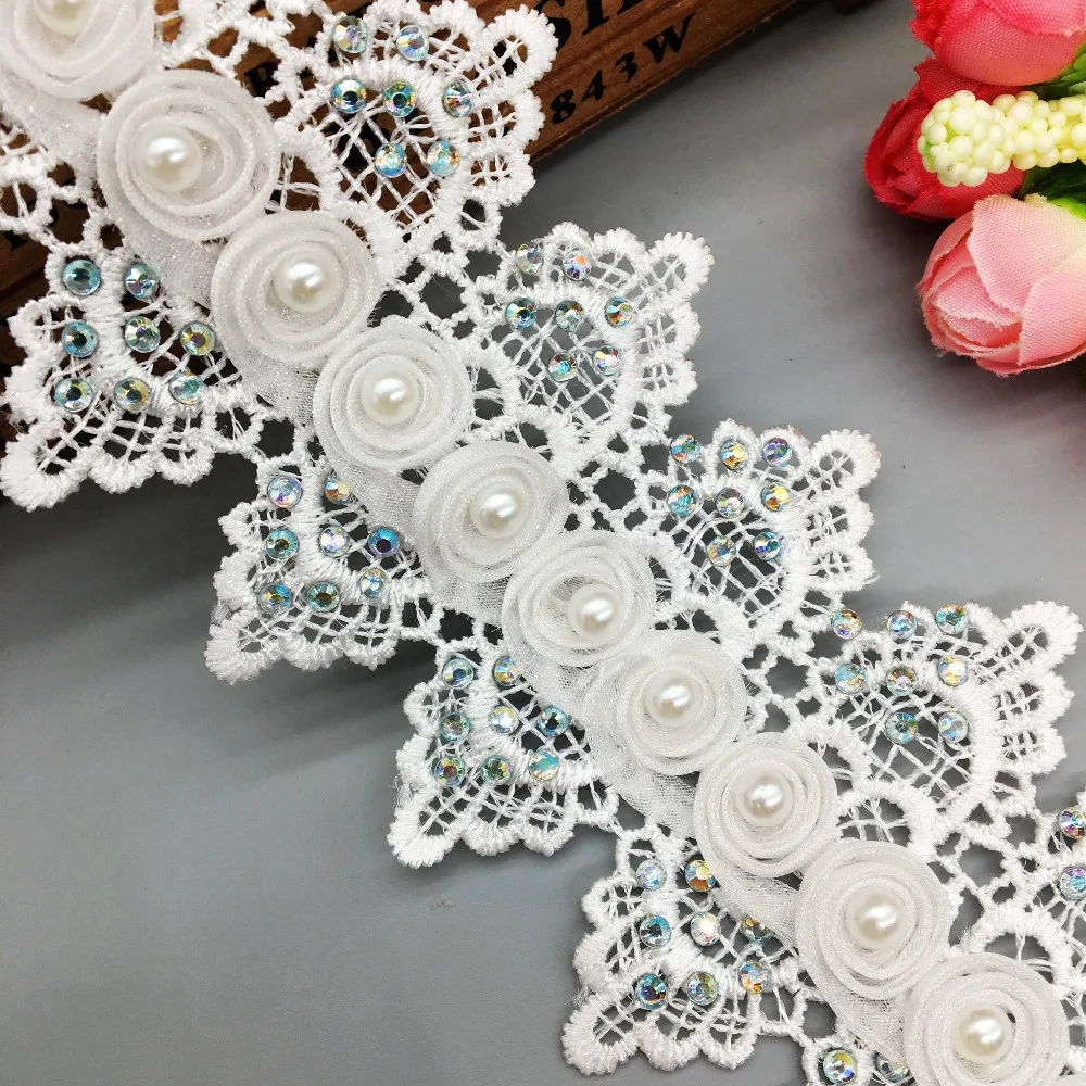 2 Yards White Cotton 3D Flower Pearl Beaded Embroidered Diamond Lace Trim Ribbon Fabric Dentelle DIY Sewing Craft Wedding Dress