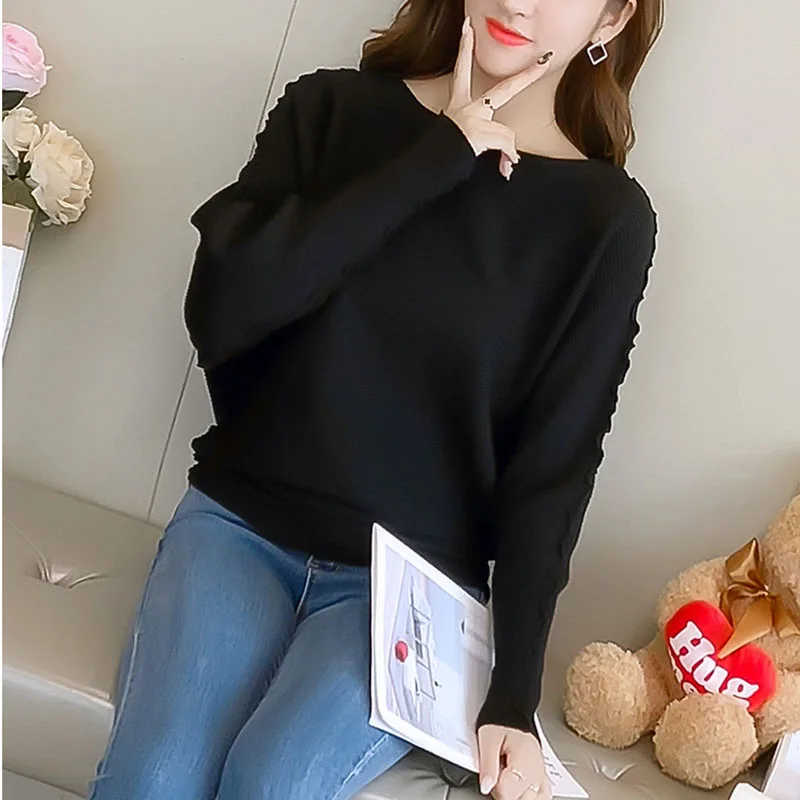 Women Knitted Pullover Tops Fashion Batwing Sleeve Ladies Autumn O-Neck Jumper Solid Casual Korea Pullovers and Sweaters Female