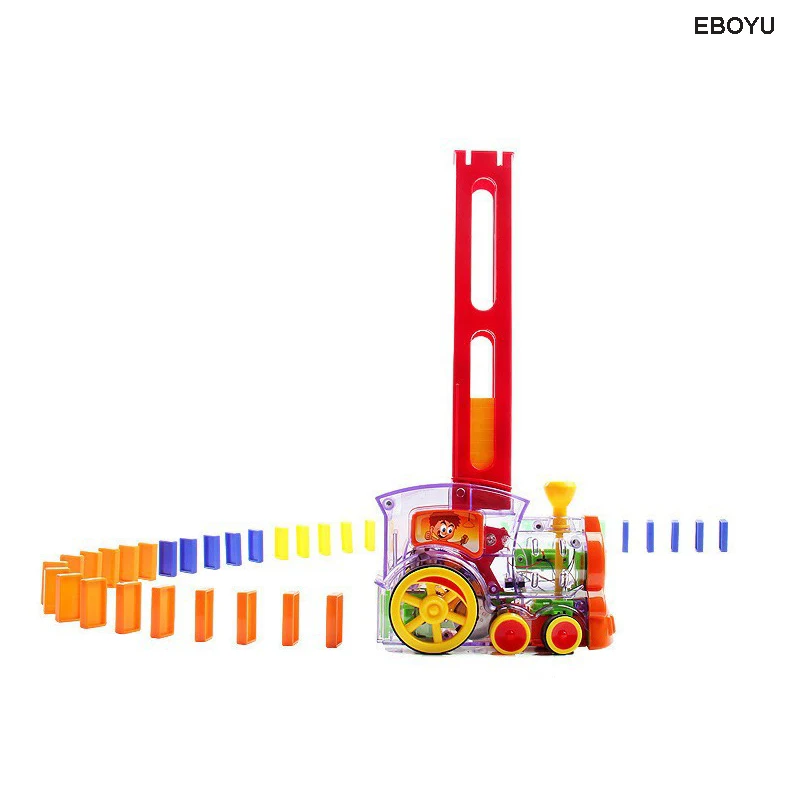 EBOYU Domino ของเล่นรถไฟรถรถบรรทุกรถอัตโนมัติอาคาร Domino Train กับไฟและดนตรีของขวัญของเล่นสำหรับเด็ก-60Pcs