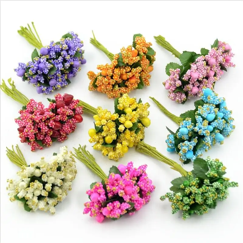 12pcs Silk Artificial Foam Bud Bacca Flower Bouquet Stamen For Wedding Decoration DIY Scrapbooking Wreath Craft Fake Flowers