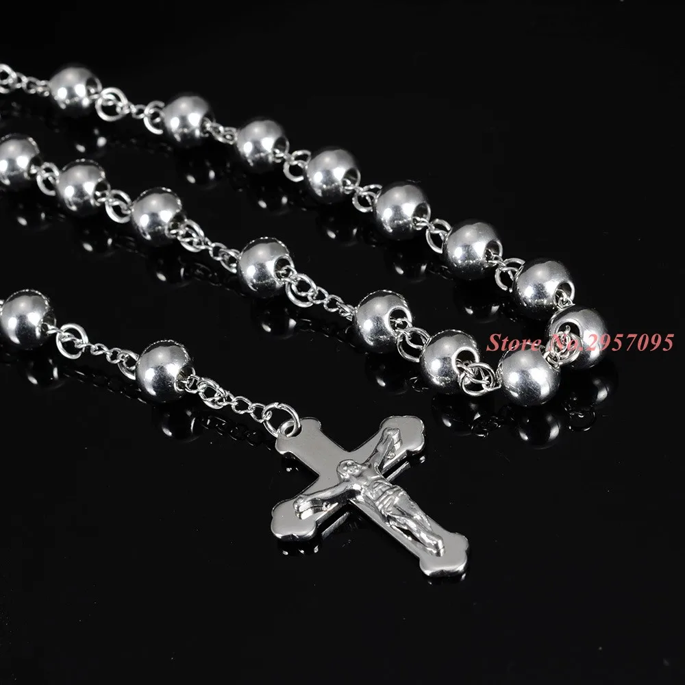 4/6/8/10MM Classic Womens Mens Necklace Stainless Steel Silver Color Bead Rosary Chain Jesus Christ Cross Pendant Free Shipping