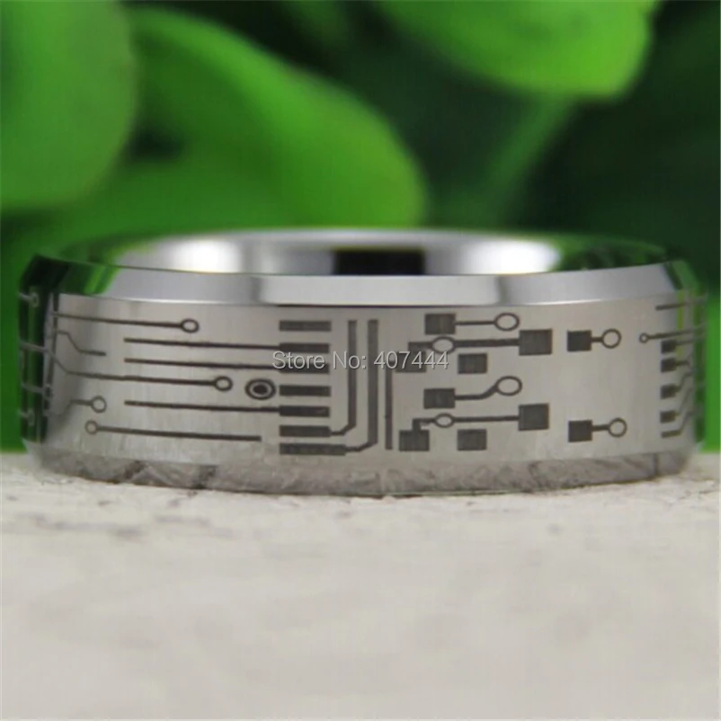 Free Shipping YGK JEWELRY Hot Sales 8MM Silver Bevel CIRCUIT BOARD Design Mens Comfort Fit Tungsten Wedding Ring