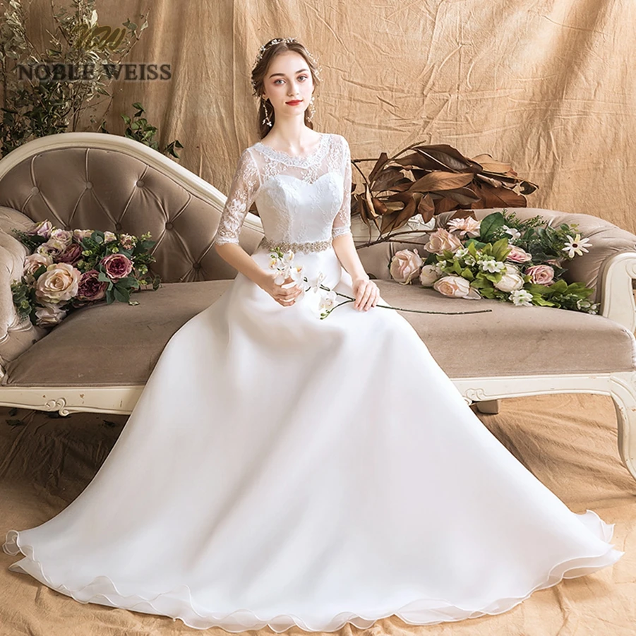 prom dresses organza a-line simple wedding dress sexy floor-length sashes bridal dresses with half sleeves lace wedding gown