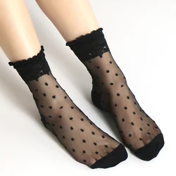 DONG AI Invisible Socks Women Summer Lace Sheer Crystal Silk Polka Dot Ankle Socks Glass Black White Transparent Sock for Ladies