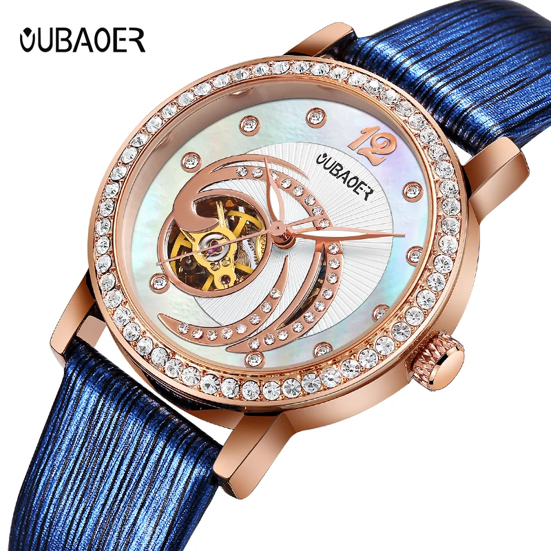

OUBAOER Female Rose Gold Automatic Self-Wind Mechanical Watches Women Genuine Leather Strap Watch Fashion Ladies Montre Femme