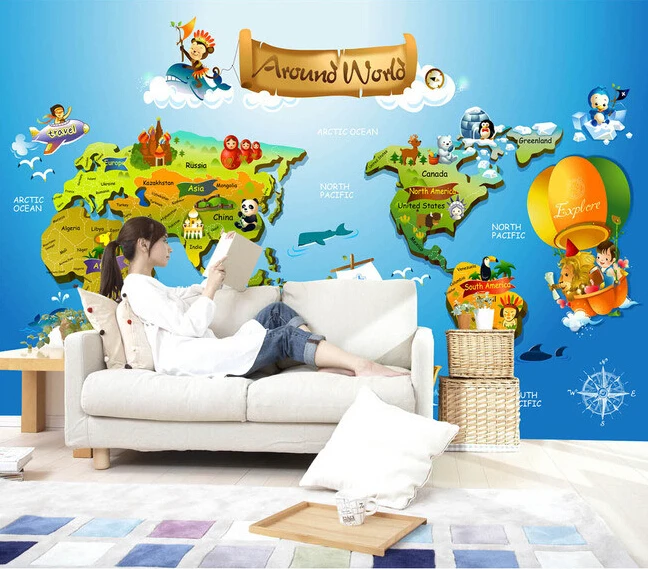 Custom papel DE parede infantil, 3 d cartoon map murals for boys and girls bedroom children room background wall wallpaper