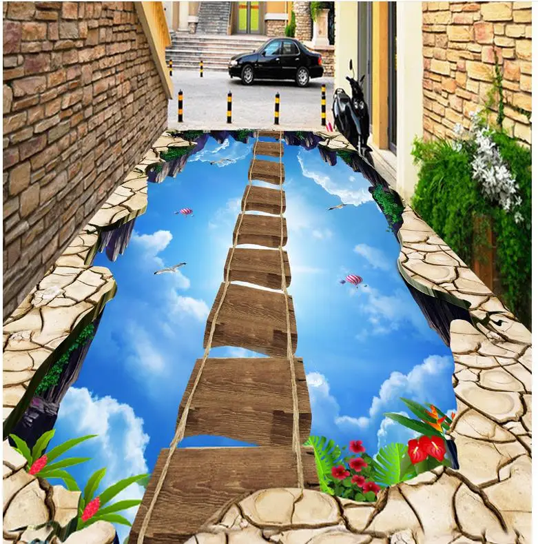 

3d floor painting wallpaper Walkway Showroom Sky Suspension Wooden Bridge 3D Floor 3d pvc wallpaper 3d flooring