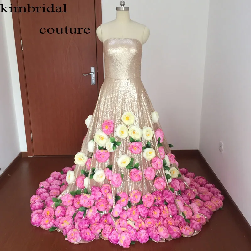 Saudi-arabien Abendkleider Kleider Bodenlangen Liebsten Ausschnitt Pailletten Hand Made Blumen 3D EINE Linie Gold Prom Kleider Arabisch