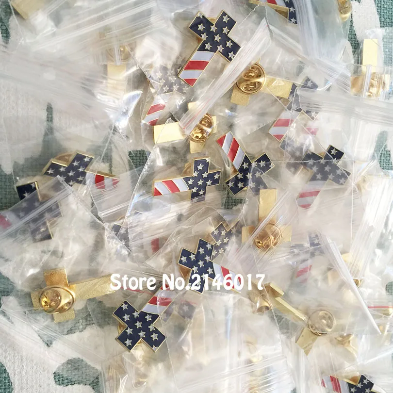 

10pcs Wholesale Christian Cross Pin Badge with USA Flag American US Patriotic Religious Jewelry Enamel Lapel Pins Brooch