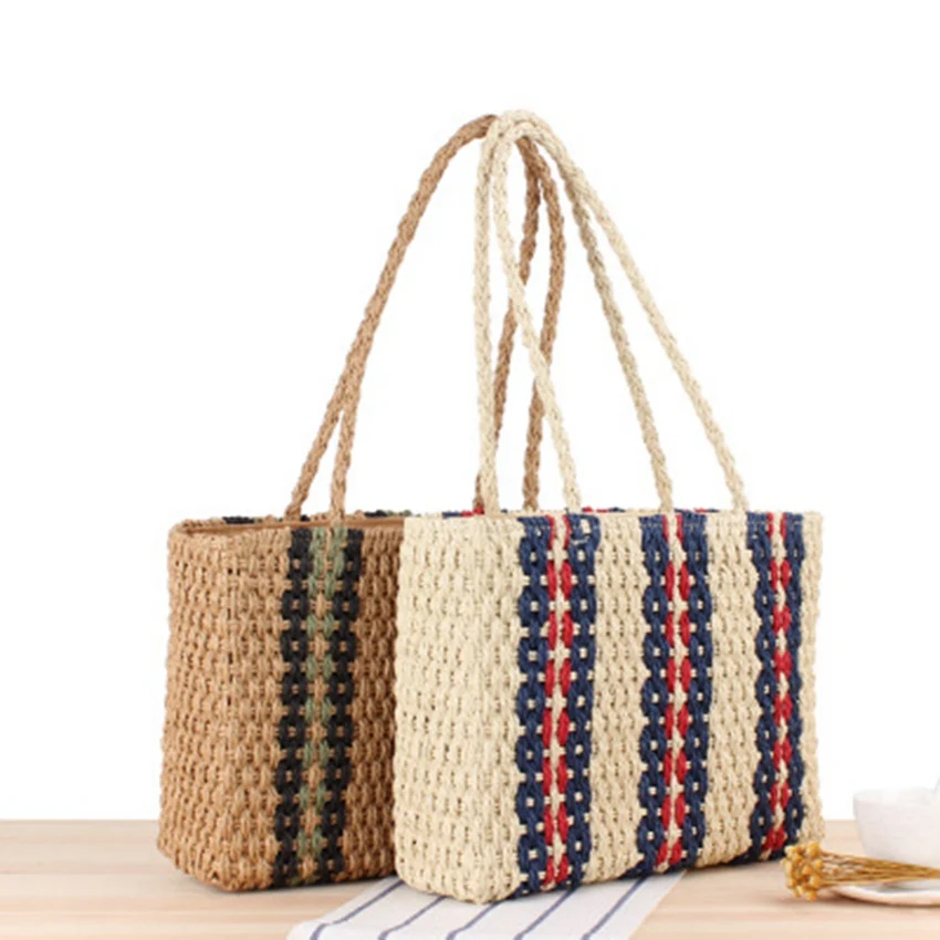 

College style new vertical stripes one shoulder straw bag fashion handbag summer travel vacation beach woven bag